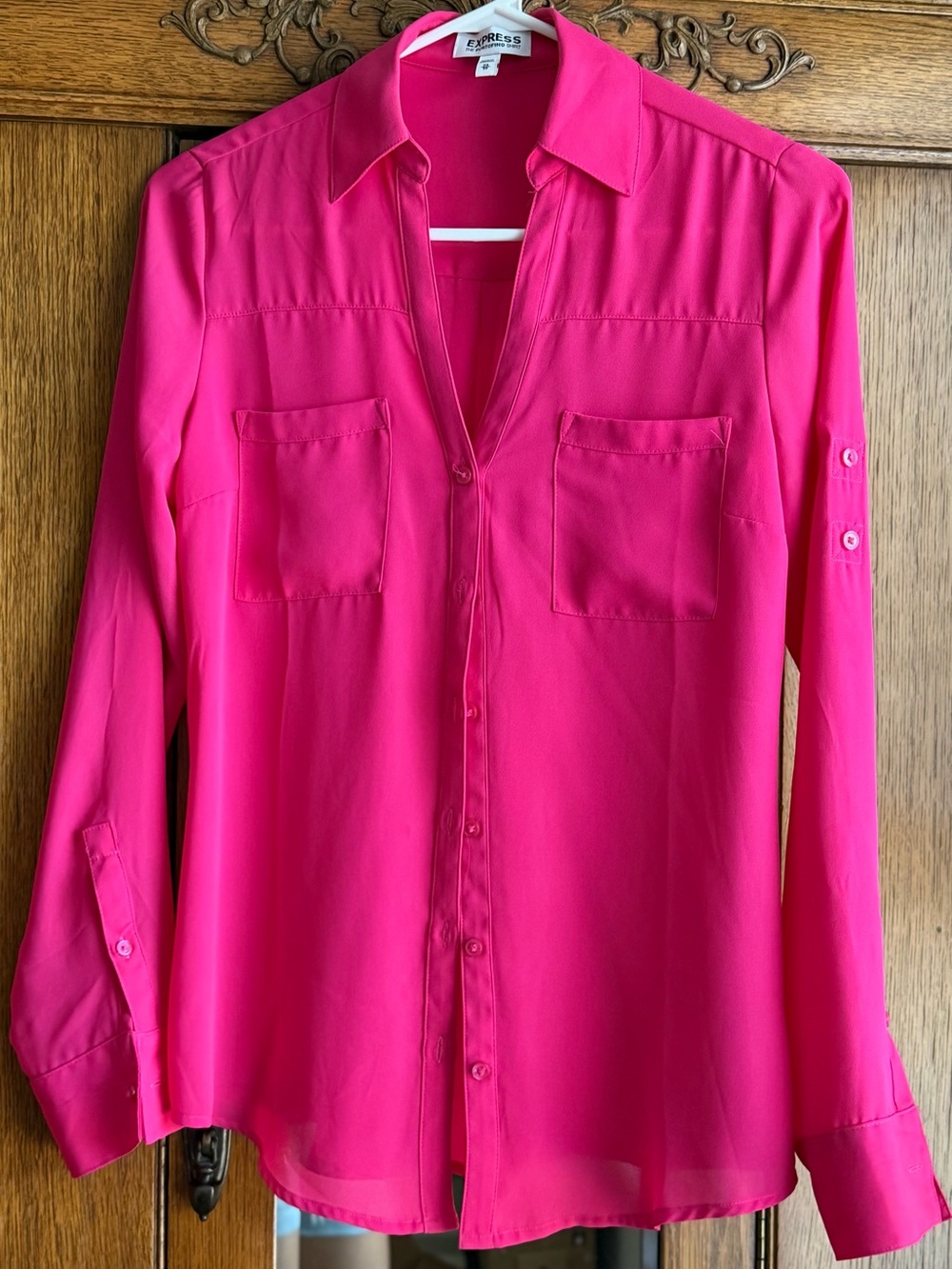 Express Hot Pink Fuchsia Button Down Shirt Pocket Blouse Barbiecore